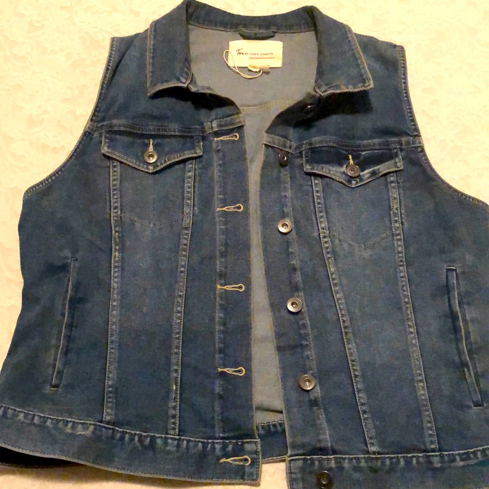Vince Camuto. Jean Sleeveless Blue Jacket